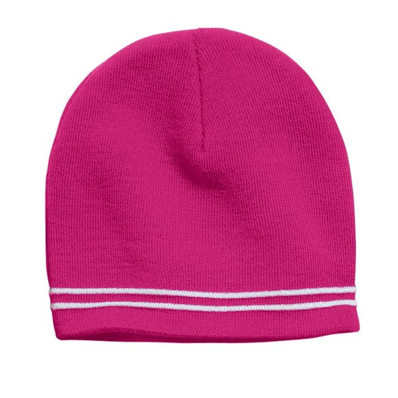 Beanie Sport-Tek Spectator Pink White STC20 OS Striped Acrylic Warm Cozy Comfy - Picture 1 of 5